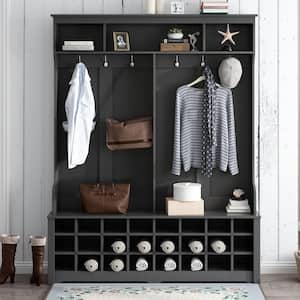 60 in. W x 15.7 in. D x 77.1 in. H Black Linen Cabinet with Metal Black Hooks, Bench and Shelves