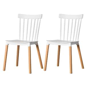 White Modern Plastic Dining Chair Windsor Design with Beech Wood Legs (Set of 2)