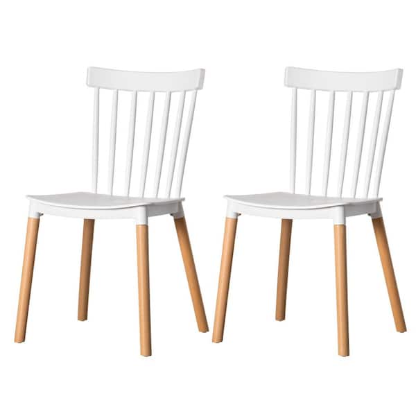 FABULAXE White Modern Plastic Dining Chair Windsor Design with Beech Wood Legs (Set of 2)