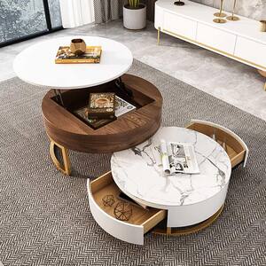 Modern Nesting 31.49 in. Dark Brown and White Round Sintered Stone Lift-top Coffee Table (Set of 2)