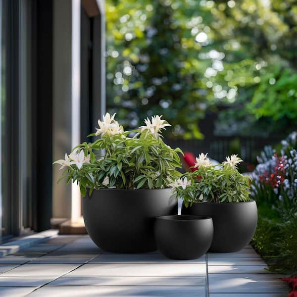 Morrava 11.5 in.,15 in.,19 in. Large Charcoal Black Concrete Round planter / Pot with drainage holes (Set of 3) MO049ABC0X-6 - The Home Depot