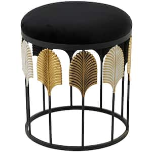 16 in. Black Embossed Leaf Medium Cylinder Wood End Accent Table with Hollow Center