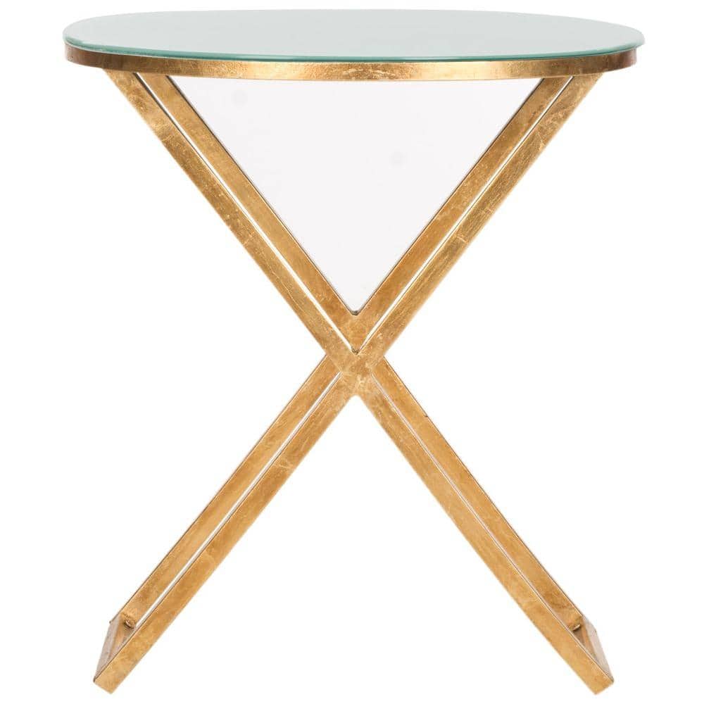 White Glass Top Round Gold Metal Accent Table