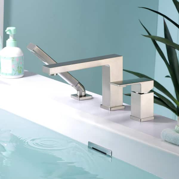 Single-Handle Deck-Mount Roman Tub Faucet with Hand Shower in Brushed Nickel