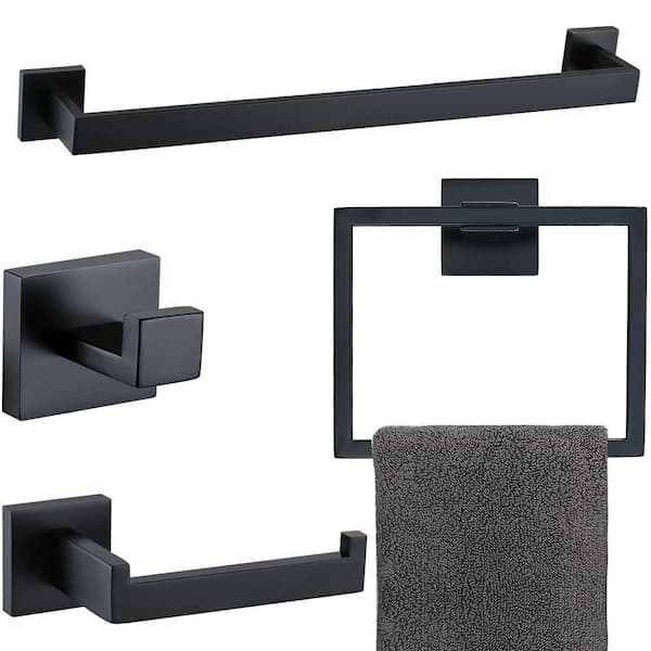 Dracelo 4-Piece Bath Hardware Set with Towel Ring Toilet Paper Holder Towel Hook and 23.6 in. Towel Bar in Matte Black