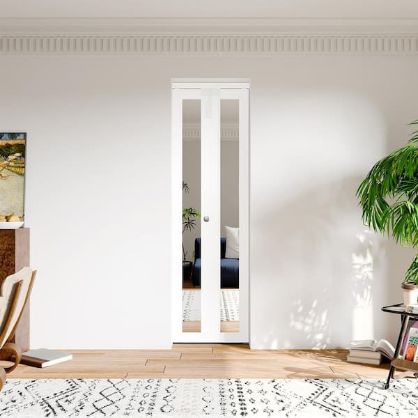 24 in. x 80 in. Full Lite Mirrored Glass Solid Core White PVC Covering MDF Bi-fold Door with Locks, Handles