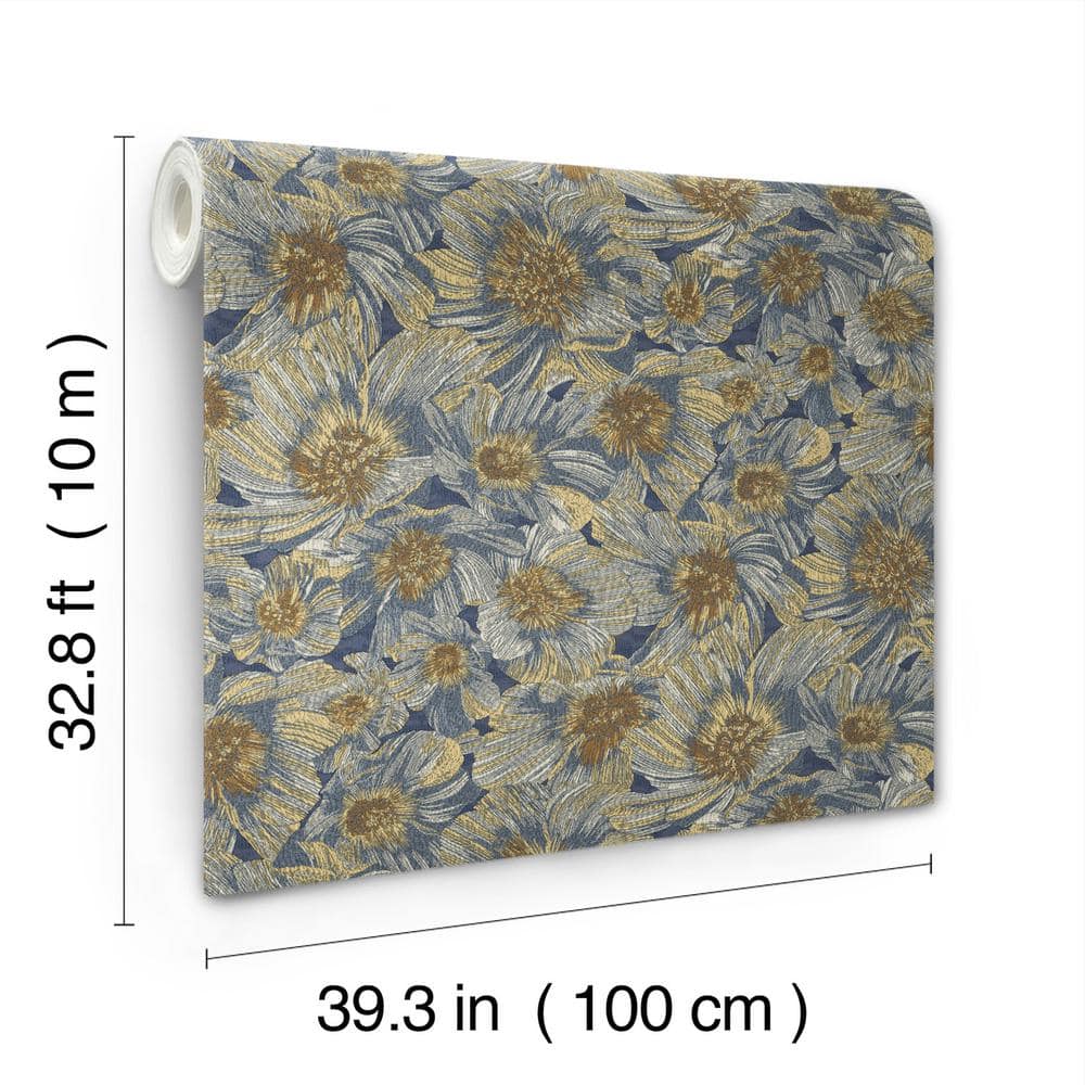 Blue and Gold Floral Removable Washable Wallpaper