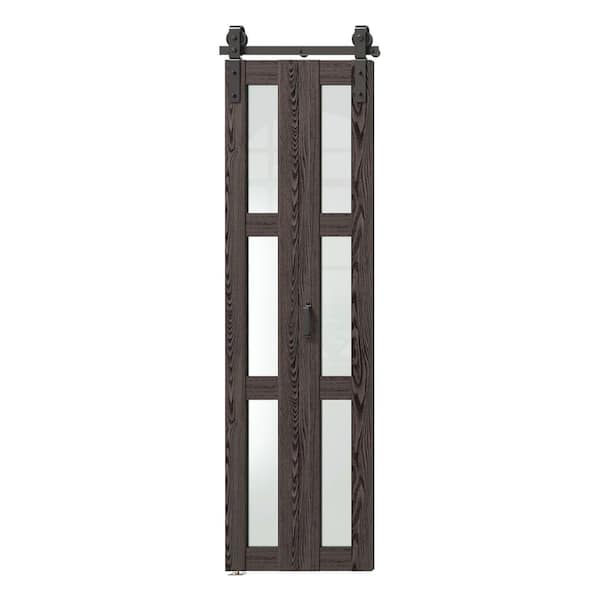 24 in. x 84 in. Dark Brown Finished MDF Bi-Fold Style 3-Lite Frosted Glass Assembly Required Barn Door with Hardware Kit