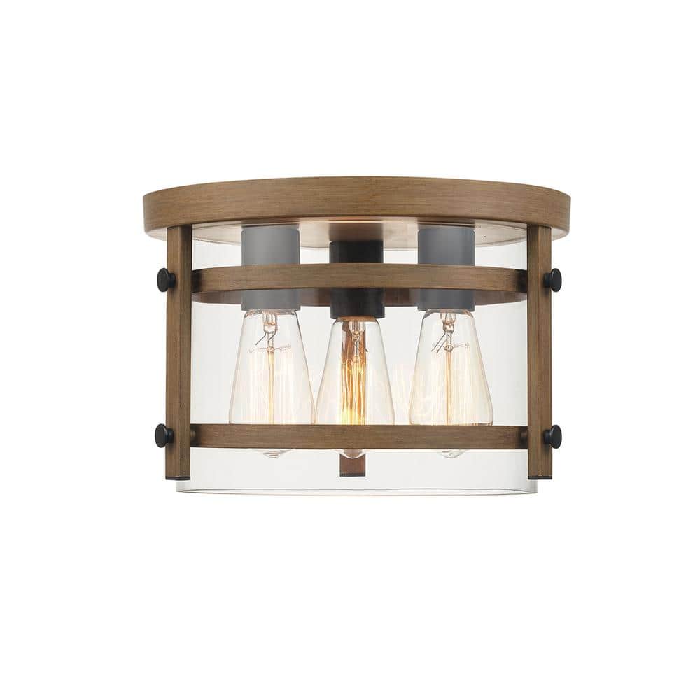 Daniel 11.9 in. 3-Light Faux Wood Flush Mount with Matte Black Accents and 