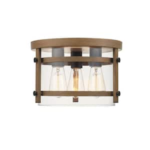 Daniel 11.9 in. 3-Light Faux Wood Flush Mount with Matte Black Accents and Clear Glass Shade