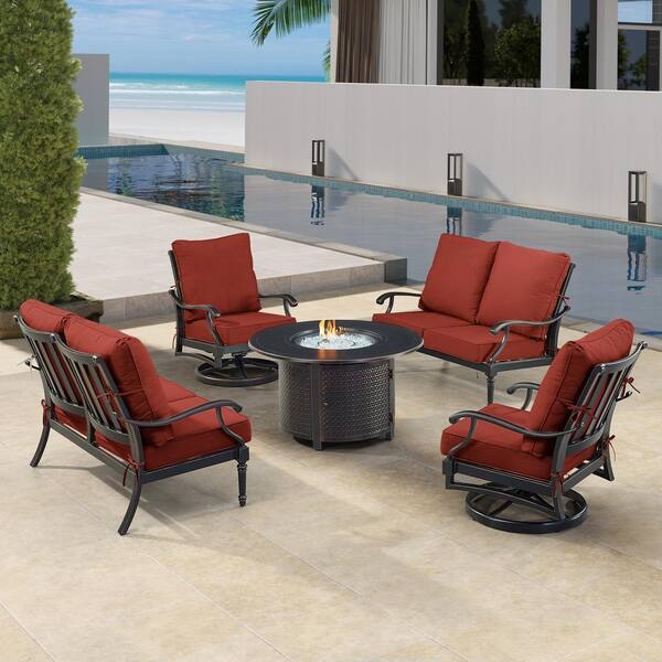 Oakland Living Black 5-Piece Aluminum Patio Fire Pit Set with Red Cushions