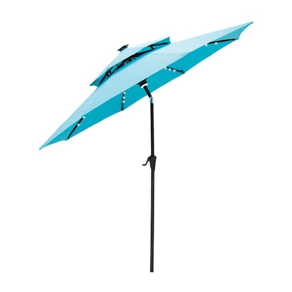 FLAME&SHADE 9 ft. Double Top Aluminum Market Solar Lighted Tilt Patio Umbrella with LED in Aqua Blue Solution Dyed Polyester