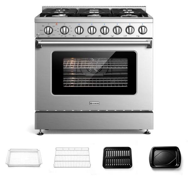 36 in. Gas Range Oven with 6 Cooktop Burners in Stainless Steel, 6 cu. ft. Convection Oven w/Air Fryer and Halogen Light