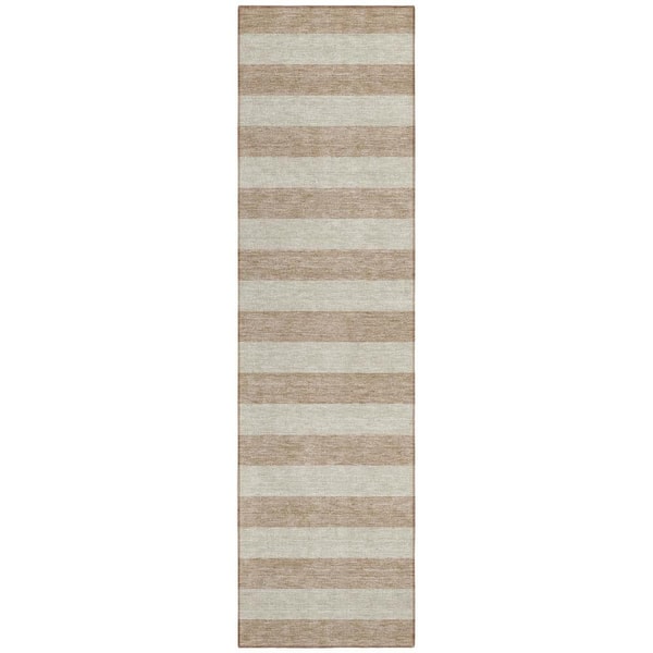 Beige 2 ft. x 8 ft. Woven Striped Polyester Runner Indoor/Outdoor Area Rug