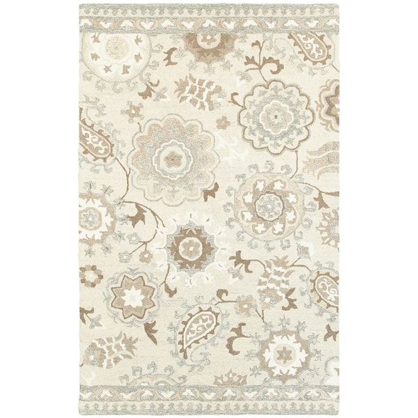 5' X 8' Ivory And Gray Wool Floral Hand Tufted Area Rug