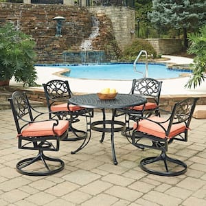 Sanibel Black 7-Piece Cast Aluminum Round Outdoor Dining Set with Coral Cushions and Umbrella
