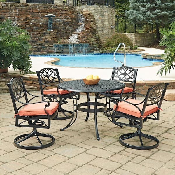 HOMESTYLES Sanibel Black 7-Piece Cast Aluminum Round Outdoor Dining Set with Coral Cushions and Umbrella