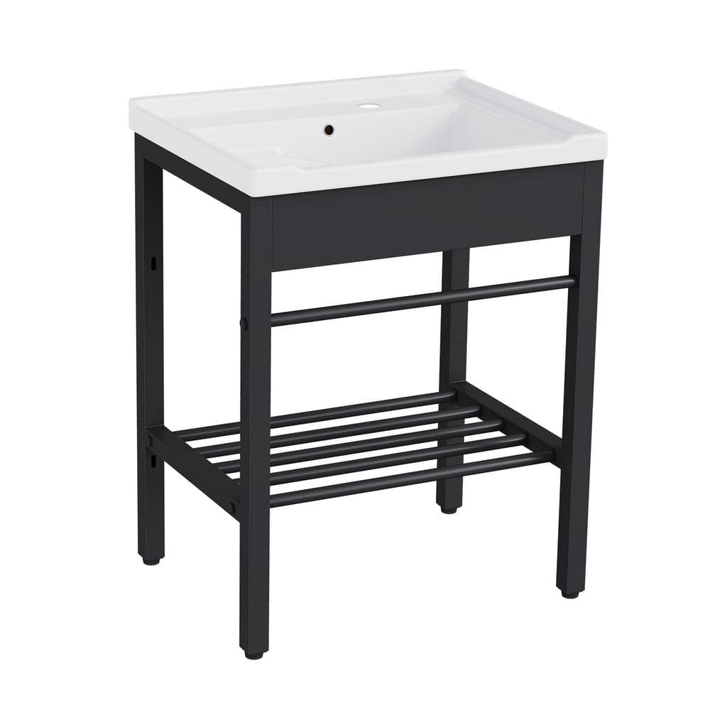 24" White Ceramic Freestanding Laundry Sink with Black Metal Frame