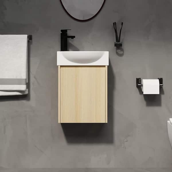 Staykiwi 16 in. W Single Sink Wall-Mounted Bath Vanity in Oak with White Cultured Marble Top