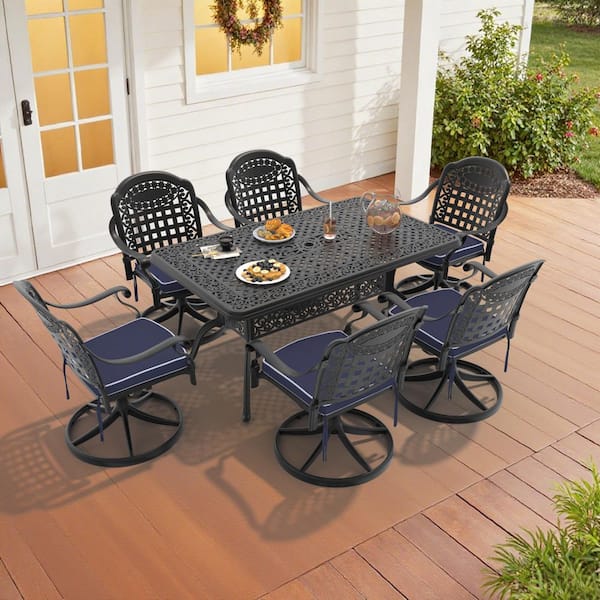 Vintage 7-Piece Cast Aluminum Patio Outdoor Dining Set with Rectangular Dining Table,6 Swivel Chairs and 6 Blue Cushions