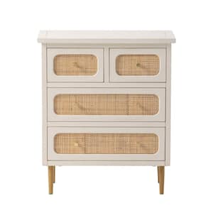 Framhouse 4-Drawer Rattan Front White Wood Chest Nightstand with Metal Gold Legs (26 in. W x 30.5 in. H x 13.5 in. D)