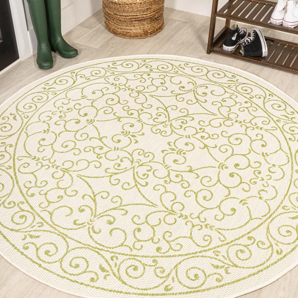 Charleston Vintage Filigree Textured Weave Cream/Green 5 ft. Round Indoor/Outdoor Area Rug price history on PriceWatchPro