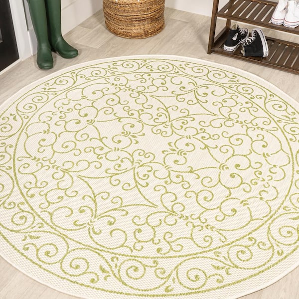 Charleston Vintage Filigree Textured Weave Cream/Green 5 ft. Round Indoor/Outdoor Area Rug