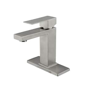 Waterfall Single Handle Low Arc Single Hole Bathroom Faucet with Deckplate Included in Brushed Nickel