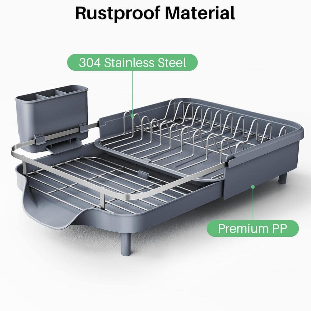 Gray Stainless Steel Expandable Dish Drying Rack with Utensil Holder