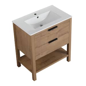 30 in. W x 18 in. D x 33 in. H Freestanding Plywood Bath Vanity in Brown with White Ceramic Top and Drawers for Bathroom