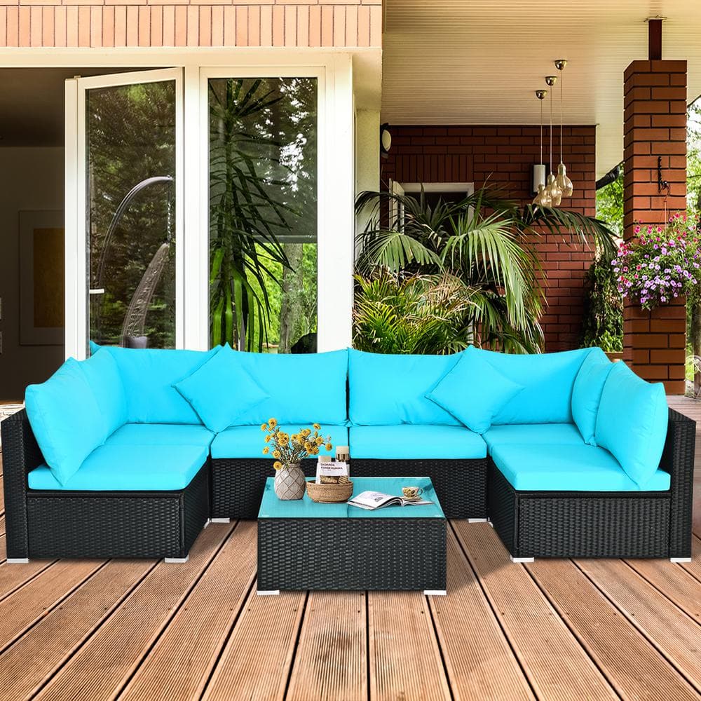 7-Piece PE Wicker Sectional Patio Conversation Set with Blue Cushions and T