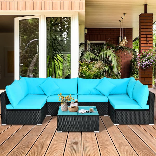 ANGELES HOME 7-Piece PE Wicker Sectional Patio Conversation Set with Blue Cushions and Tempered Glass Top
