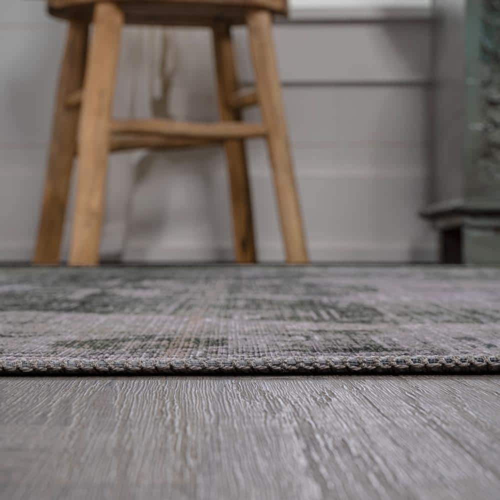 Alanya Dark Green and Gray Medallion Washable 8' x 10' Area Rug