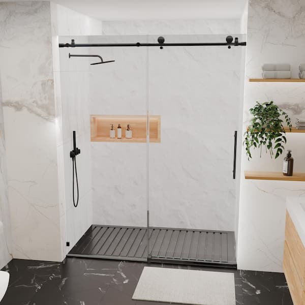 56-60" W x 76" H Frameless Sliding Shower Door, 8mm SGCC Glass, Premium Enclosure, Chrome/Black Buffer