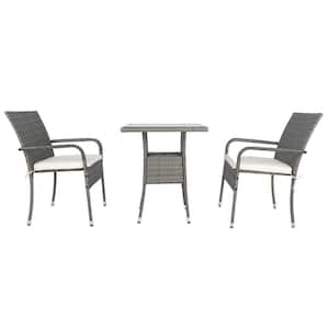 Grey 3-Piece Wicker Patio Conversation Set, Outdoor Table and Chairs Set with White Cushions for Backyard, Balcony Porch