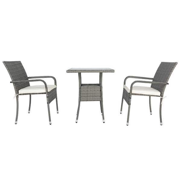 Unbranded Grey 3-Piece Wicker Patio Conversation Set, Outdoor Table and Chairs Set with White Cushions for Backyard, Balcony Porch