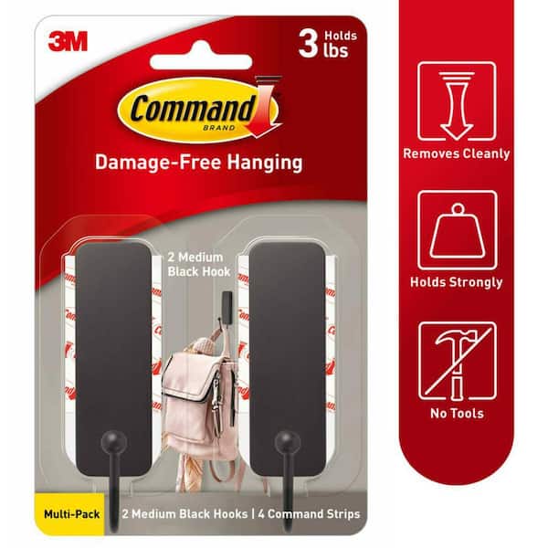 Medium Decorative Hooks, Matte Black, Damage Free Decorating, 2 Hooks and 4 Strips