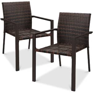 Stackable Brown Wicker Chairs with Armrests, Steel Conversation Accent Furniture for Patio (Set of 2)