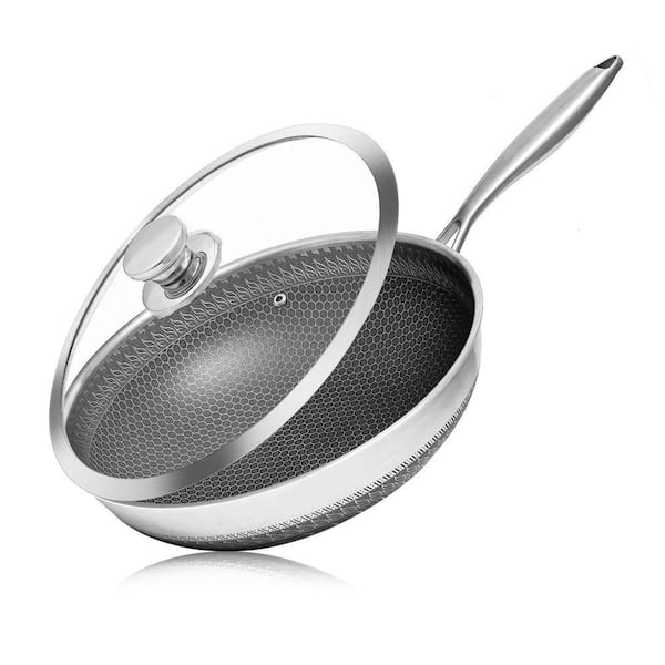Stainless Steel Wok Pan 12 in. Honeycomb Nonstick with Glass Lid Induction Safe Dishwasher Safe Stir Fry Pan