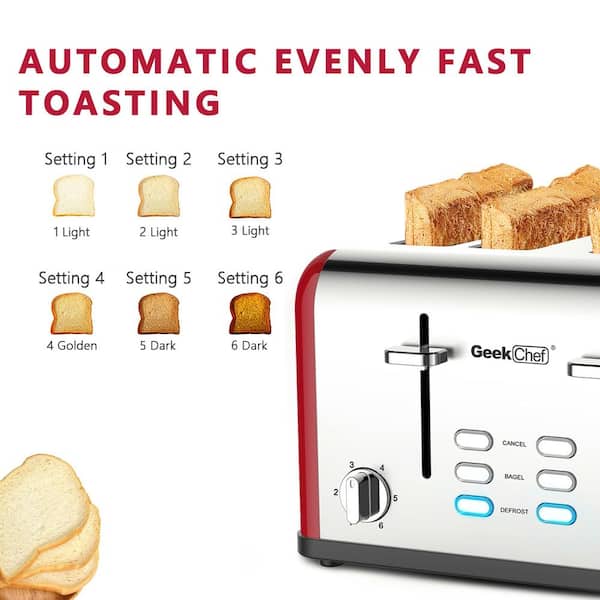 2 Slice Stainless Steel Toaster Retro with 6 Bread Shade Settings, Bagel,  Cancel, Defrost Function, Extra Wide Slot, Removable Crumb Tray, Red