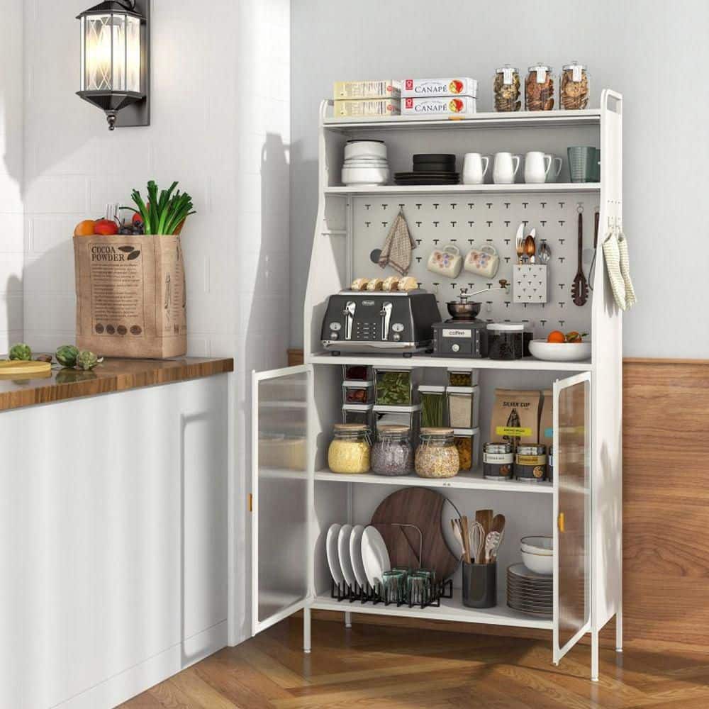White Metal Baker's Rack Buffet with Flip-Up Door, Pegboard