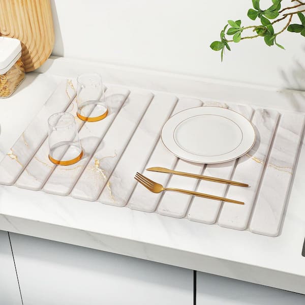 Diatomaceous Earth Dish Drying Mat, Super Absorbent Pad for Kitchen Counter, Utensils and Drawer Organizer