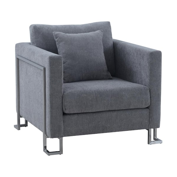 Armen Living Heritage Gray Fabric Upholstered Accent Chair with Brushed Stainless Steel Legs