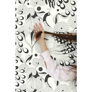 Illustrated Peacocks Wallpaper Black & White Paper Strippable Roll (Covers 57 sq. ft.)