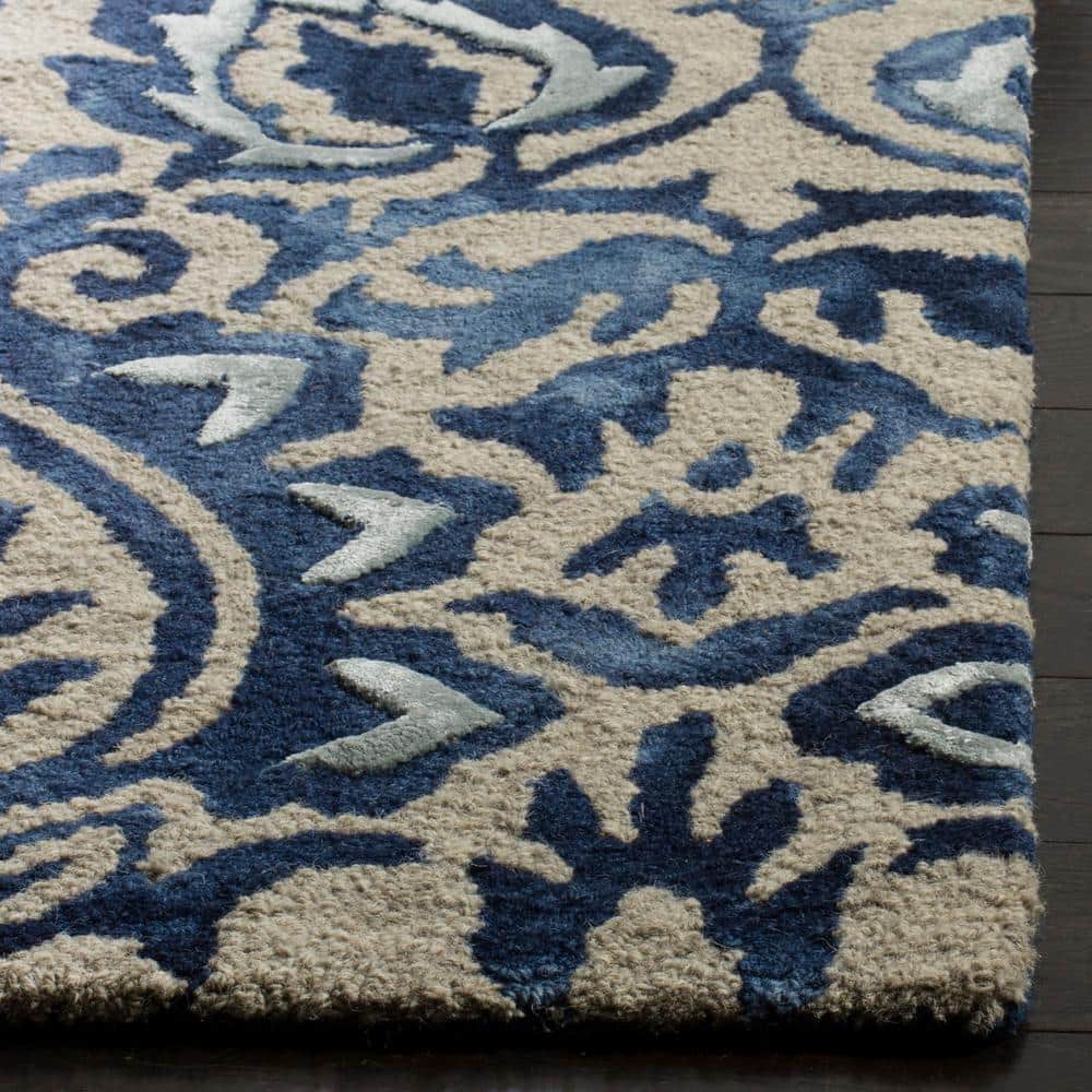 Hand-Tufted Royal Blue & Beige Floral Square Wool-Silk Rug