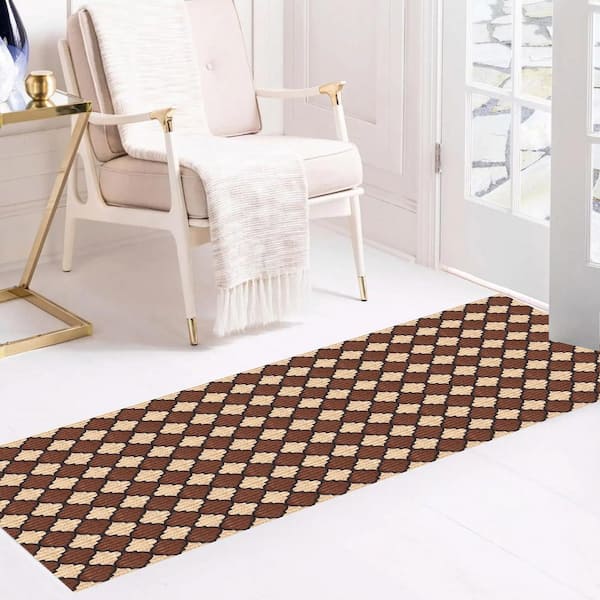 Heavy Duty Brown and Beige and Black 31 in. W x 3 ft. L Indoor/Outdoor Trellis Runner Rug