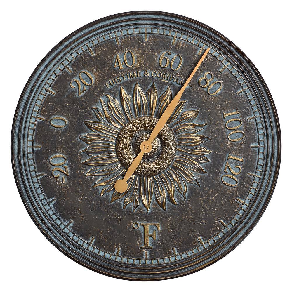16" Bronze Verdigris Sunflower Outdoor Wall Clock and Thermometer Set