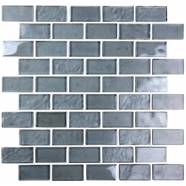 Landscape Translucent Blue Gray 10 in. x 11 in. Brick Textured Glossy Glass Mosaic Pool Tile (9.24 sq. ft./Case)