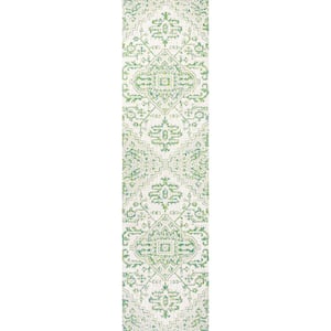 Estrella Green/Cream 2 ft. x 10 ft. Bohemian Medallion Textured Weave Indoor/Outdoor Area Rug