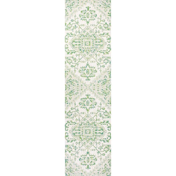 Estrella Green/Cream 2 ft. x 10 ft. Bohemian Medallion Textured Weave Indoor/Outdoor Area Rug